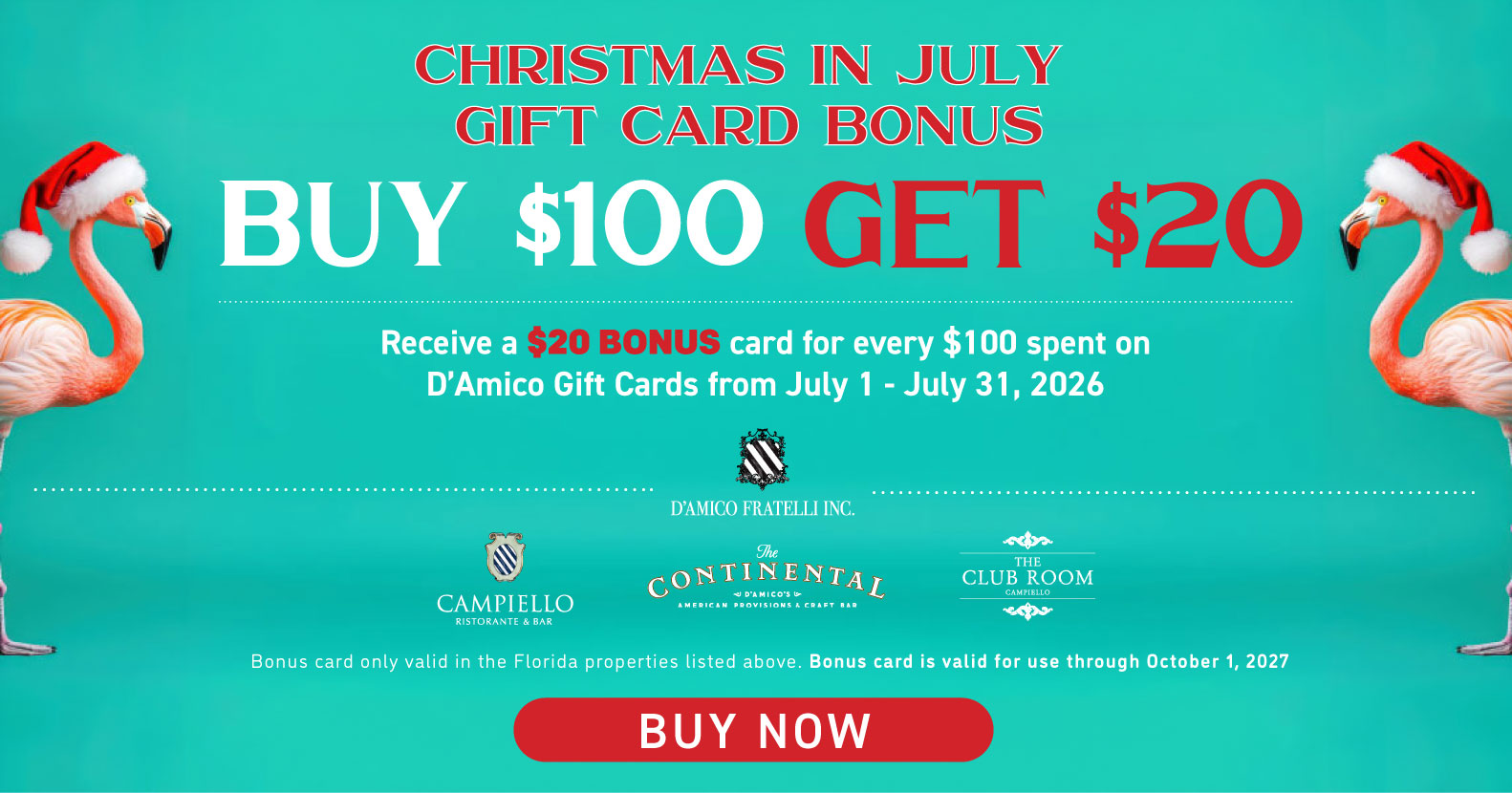 Buy $100 Get $20 Gift Card BOnus. Christmas in July Promotion.